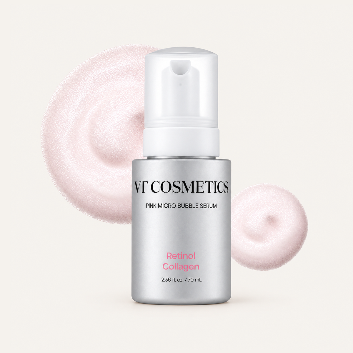VT Cosmetics Retinol Collagen Pink Micro Bubble Serum 70 ml, silver pump bottle against smears of pink serum | Ellemania