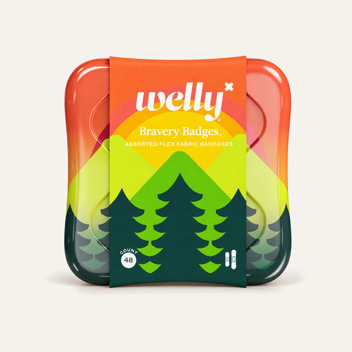 Welly Bravery Badges Camping Flex Fabric Bandages 48 pieces, box, front view, with a forest motif | Ellemania
