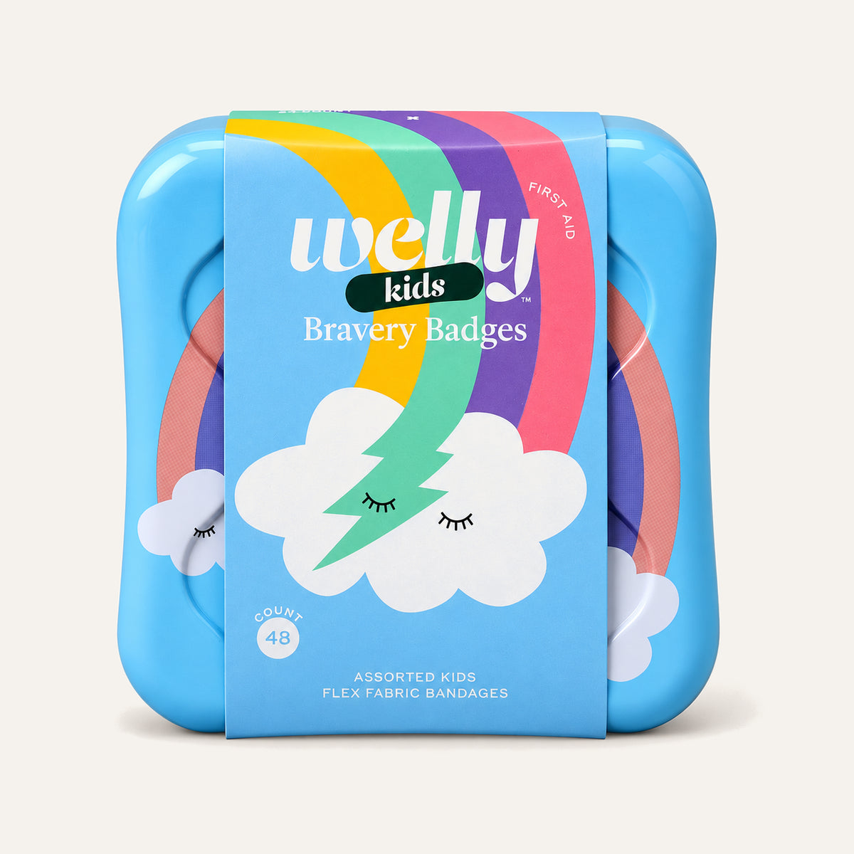 Welly Bravery Badges Rainbow 48 pieces, blue box with a rainbow motif, front view | Ellemania