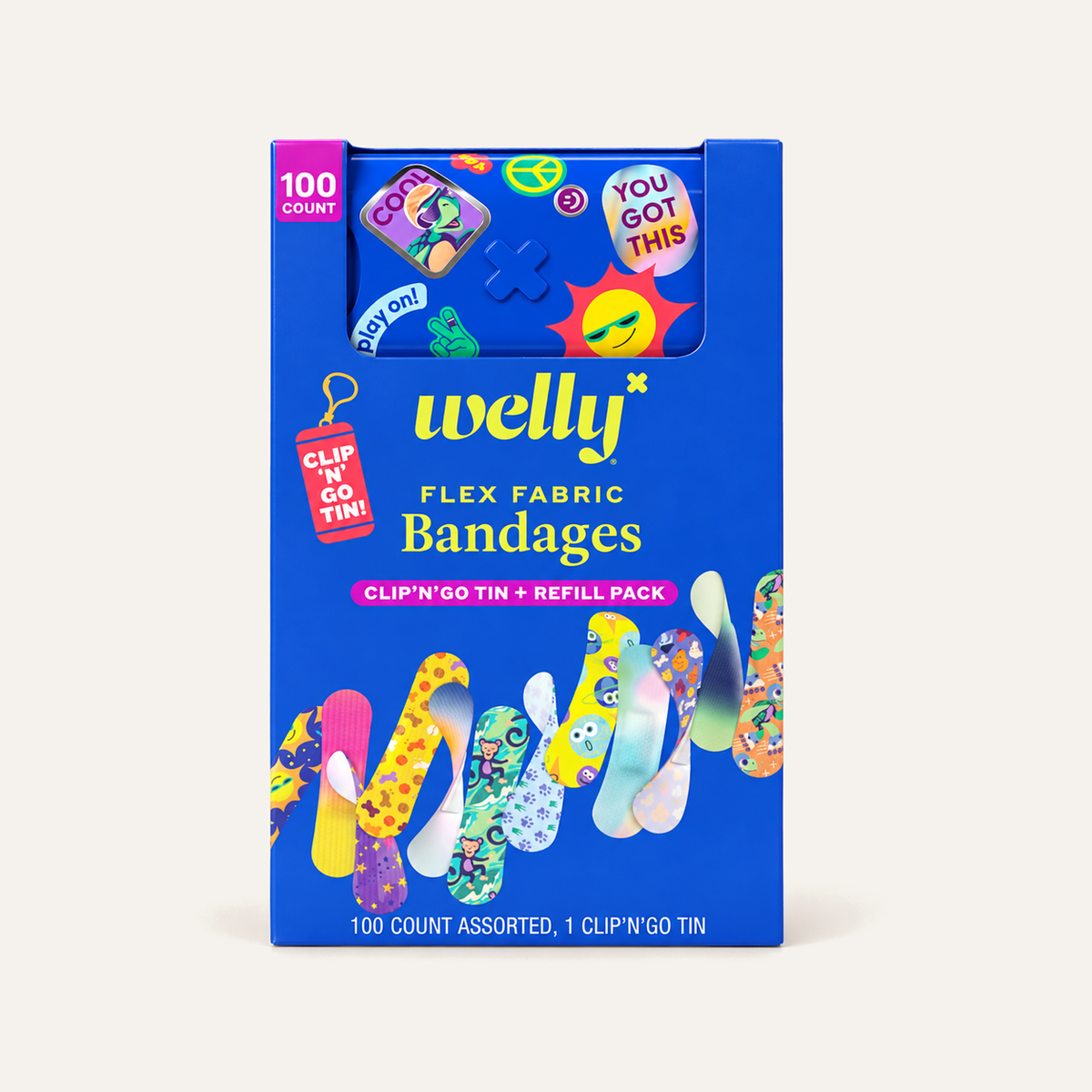 Welly Clip'n'Go Tin & Refill 100 sztuk, niebieskie pudełko z przodu z kolorowymi plastrami | Ellemania