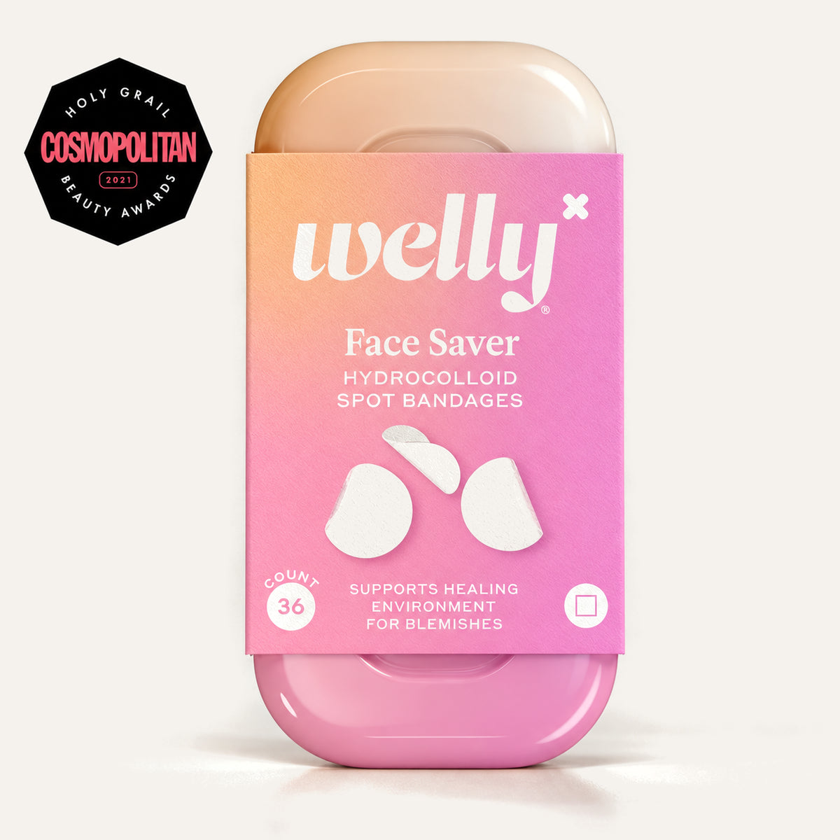 Welly Face Saver Hydrocolloid Spot Bandages 36 szt., opakowanie z przodu z plastrami na wierzchu | Ellemania