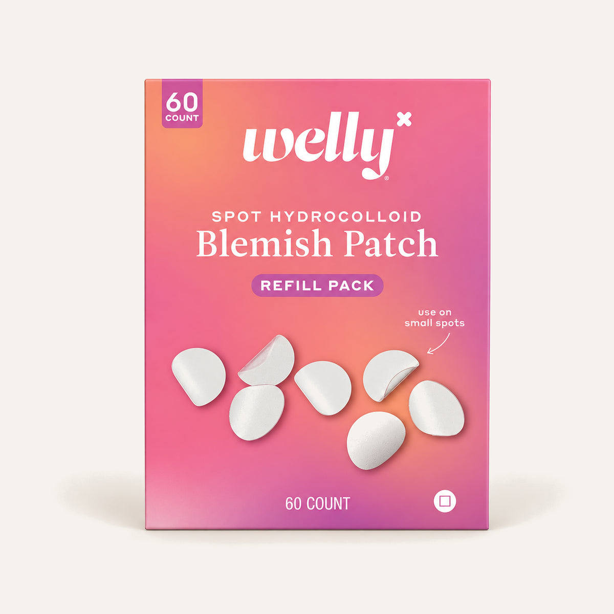 Welly Face Savers Spot Hydrocolloid Blemish Patches, pink box, front view, with patches | Ellemania