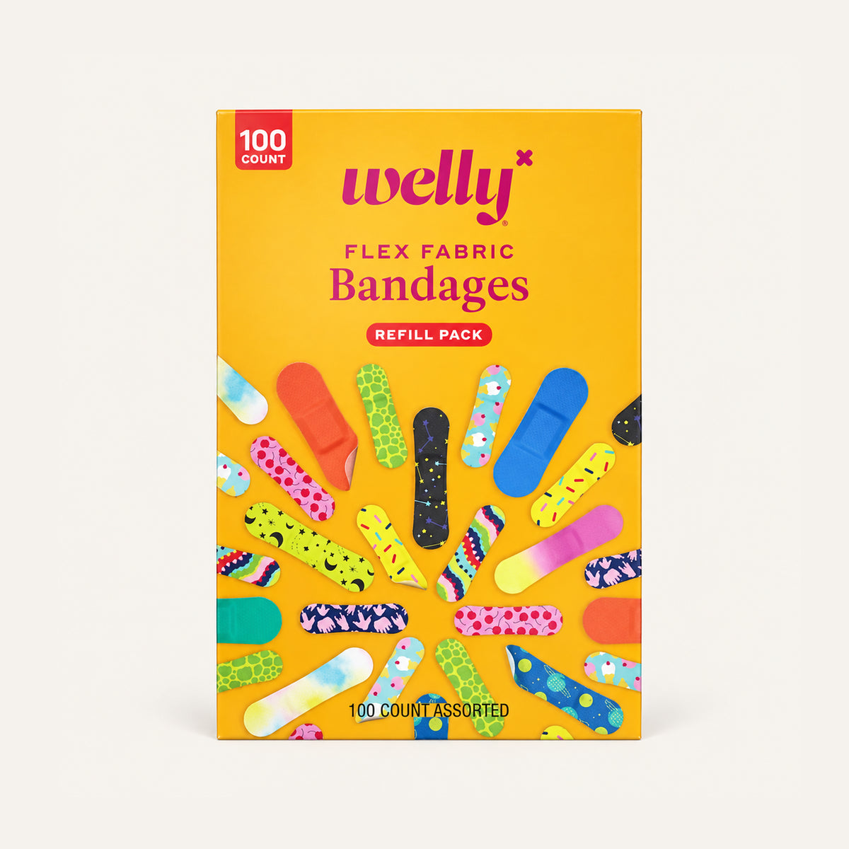 Welly Flex Fabric Bandages The Pattern Pack Refill 100 szt., pudełko z przodu z wzorzystymi plastrami | Ellemania