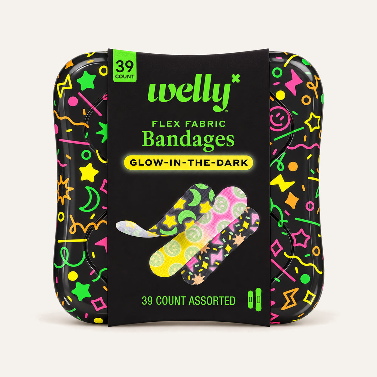 Welly Glow Party 39 pcs, black box, front view, with glowing patterns | Ellemania