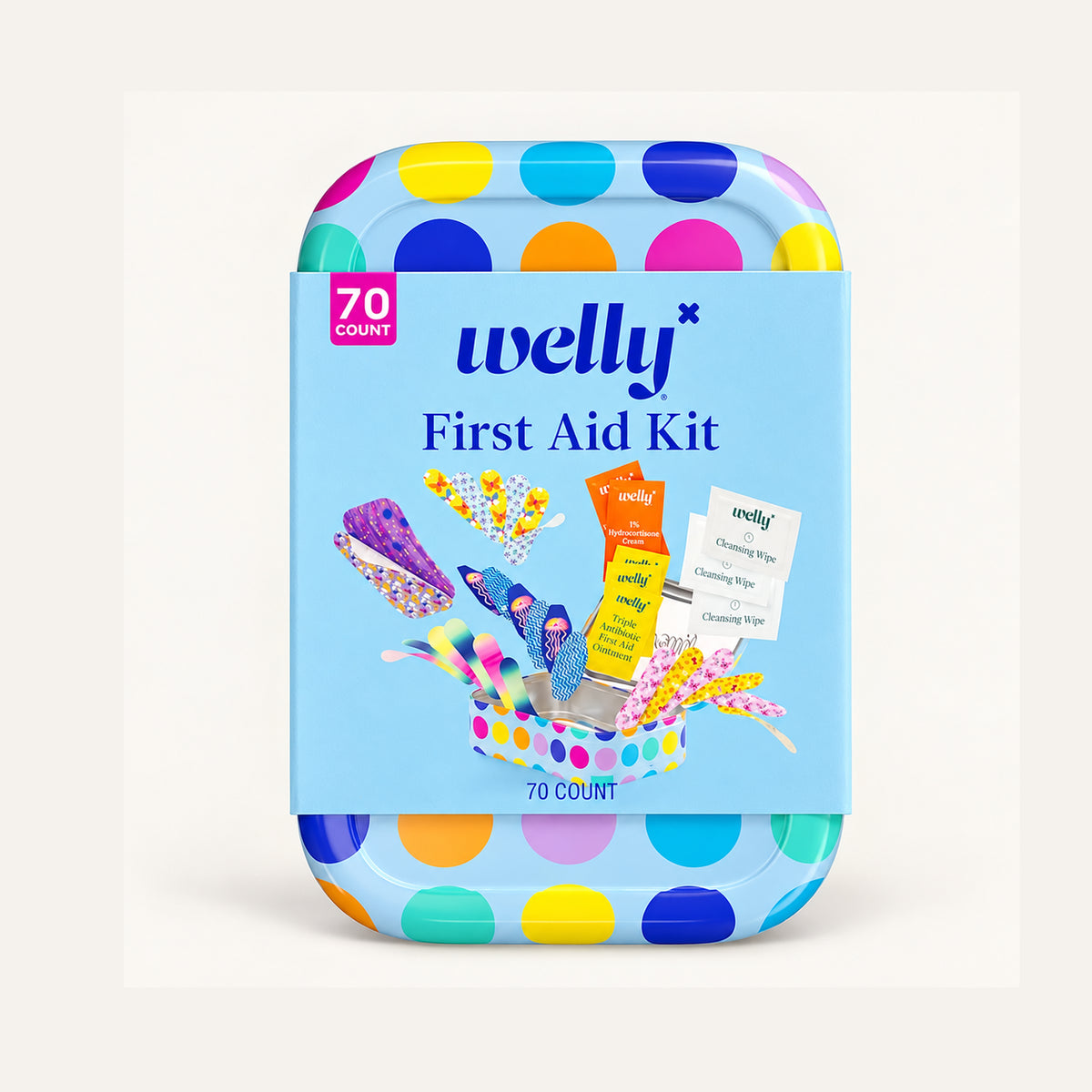 Welly Kids First Aid Kit Polka Dot 70 pieces - polka-dot tin, front view | Ellemania