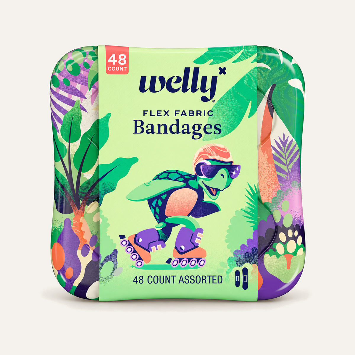 Welly Turtle Oasis Flex Fabric Bandages, zielone pudełko z przodu z motywem żółwia | Ellemania