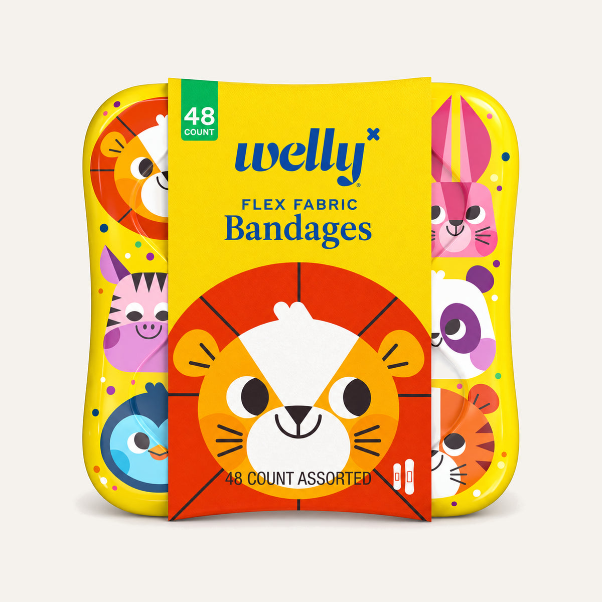 Welly Zoo Animals Flex Fabric Bandages, yellow box, front view, with an animal motif | Ellemania