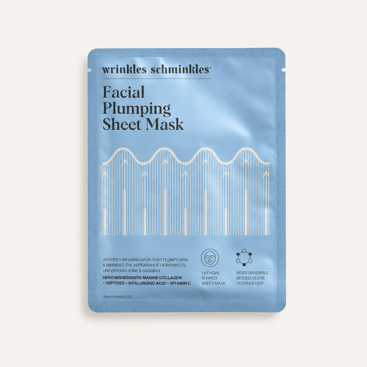 Wrinkles Schminkles Facial Plumping Sheet Mask 25 ml, light blue sachet seen from the front | Ellemania