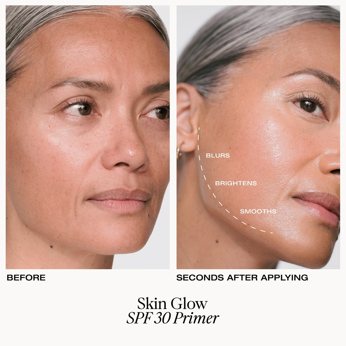 YSE Beauty Skin Glow SPF 30 Primer, zbliżenie na skórę z nałożonym primerem, podpisy zastosowania | Ellemania