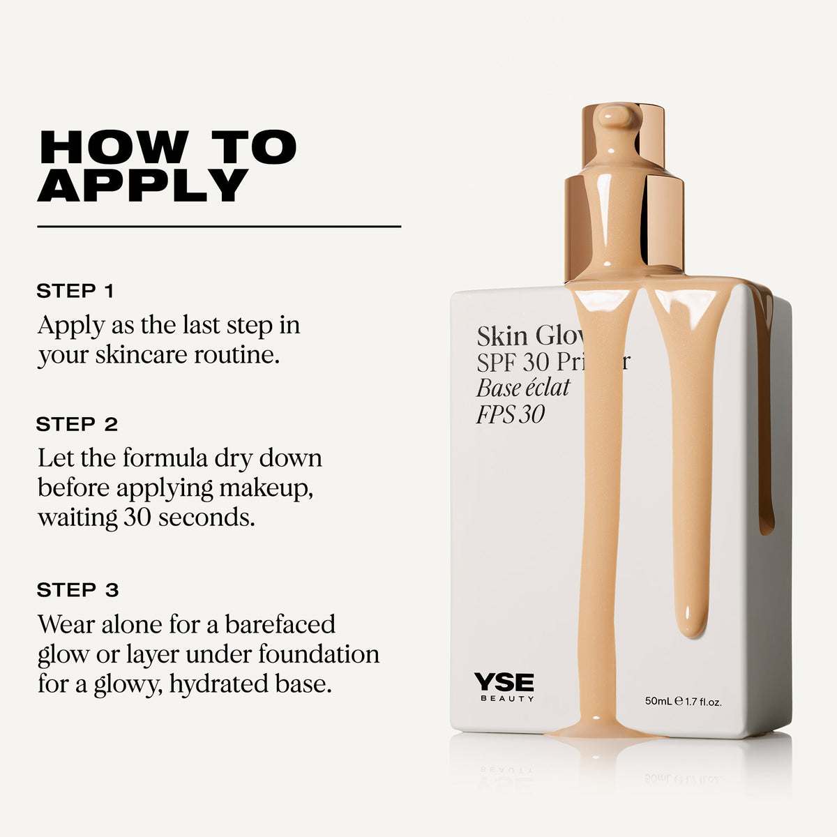 YSE Beauty Skin Glow SPF 30 Primer 50 ml, instrukcja aplikacji w trzech krokach obok butelki z pompką | Ellemania