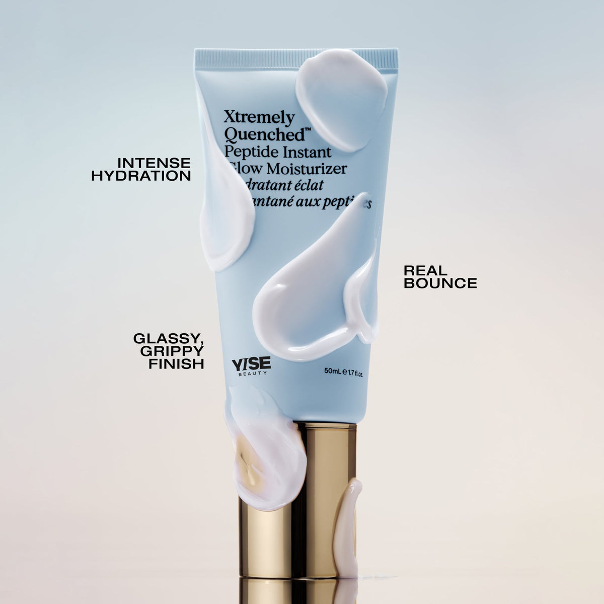 YSE Beauty Xtremely Quenched Peptide Instant Glow Moisturizer 50 ml, tubka z kremem z przodu z hasłami reklamowymi | Ellemania