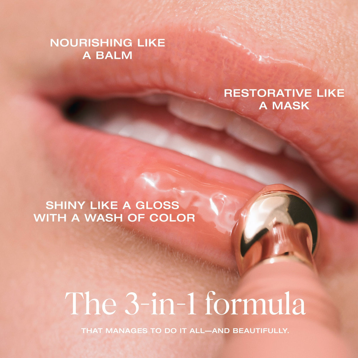 YSE Beauty Like A Gloss Hydrating Lip Tint, zbliżenie na usta z aplikatorem i napisami o działaniu | Ellemania
