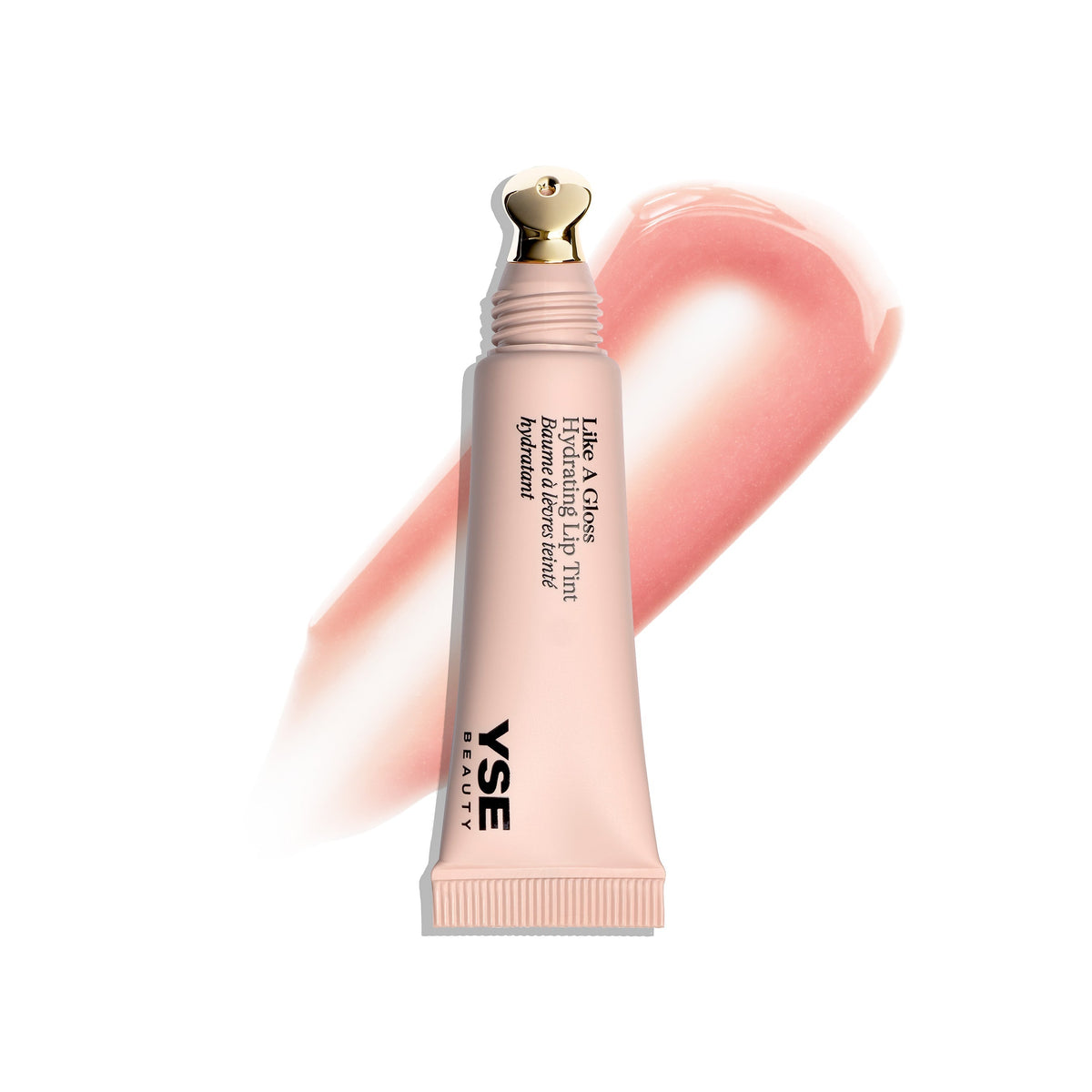 YSE Beauty Like A Gloss Hydrating Lip Tint, tubka z aplikatorem i zbliżenie na różowy odcień na białym tle | Ellemania