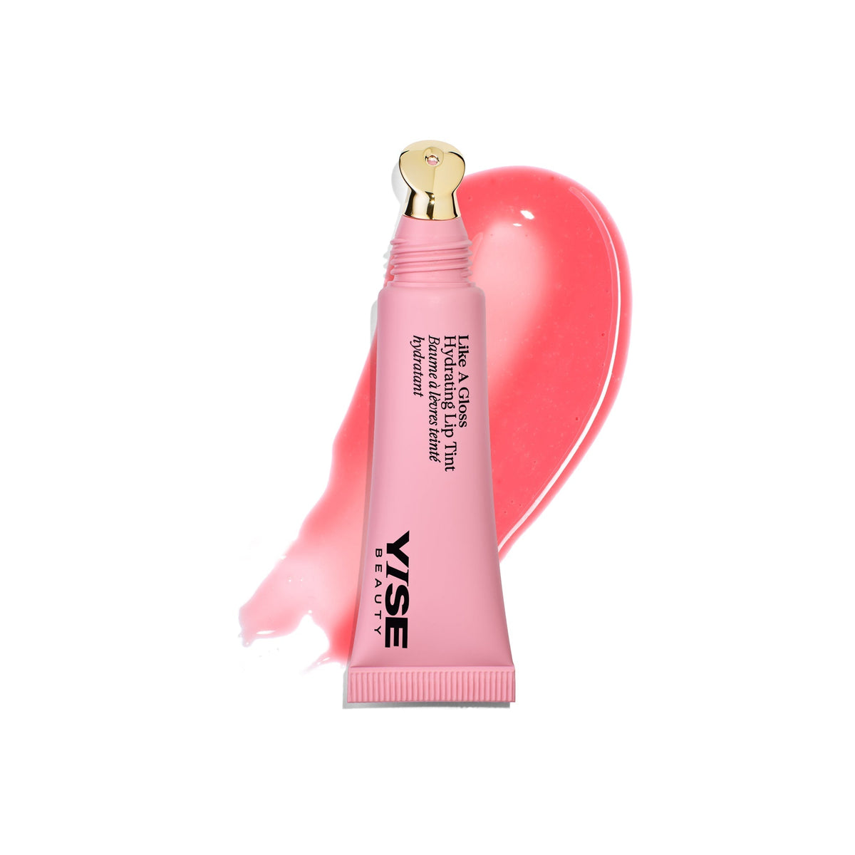 YSE Beauty Like A Gloss Hydrating Lip Tint, tubka z aplikatorem i rozprowadzony produkt na białym tle | Ellemania