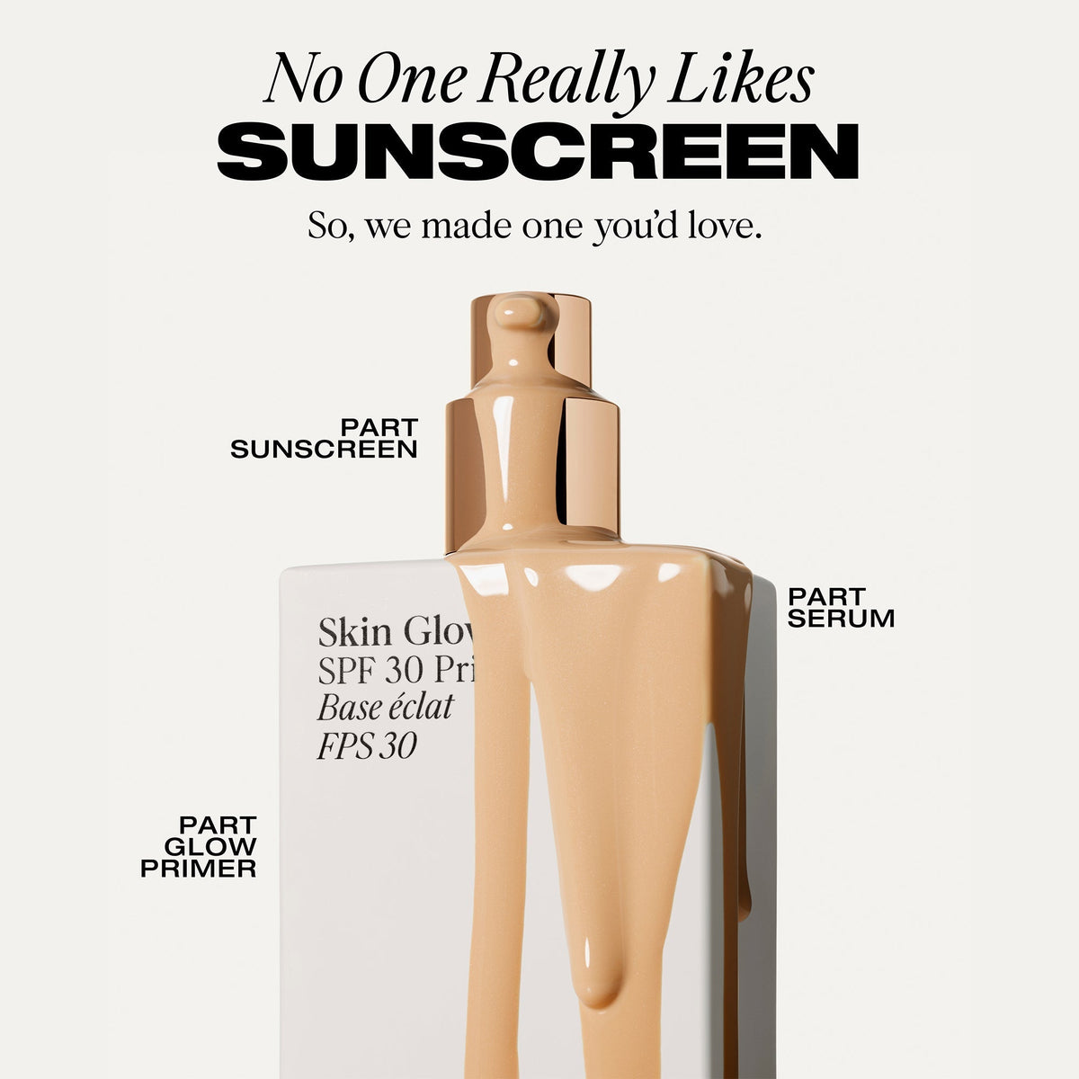 YSE Beauty Skin Glow SPF 30 Primer 50 ml, butelka z pompką i beżową teksturą spływającą po opakowaniu z podpisami części | Ellemania