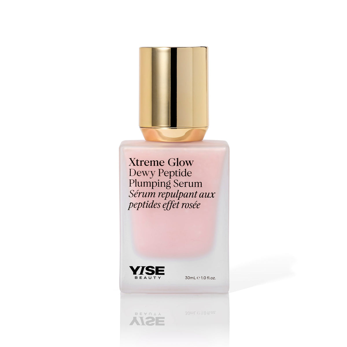 YSE Beauty Xtreme Glow Dewy Peptide Plumping Serum 30 ml, butelka ze złotą zatyczką i różowawym serum z przodu | Ellemania