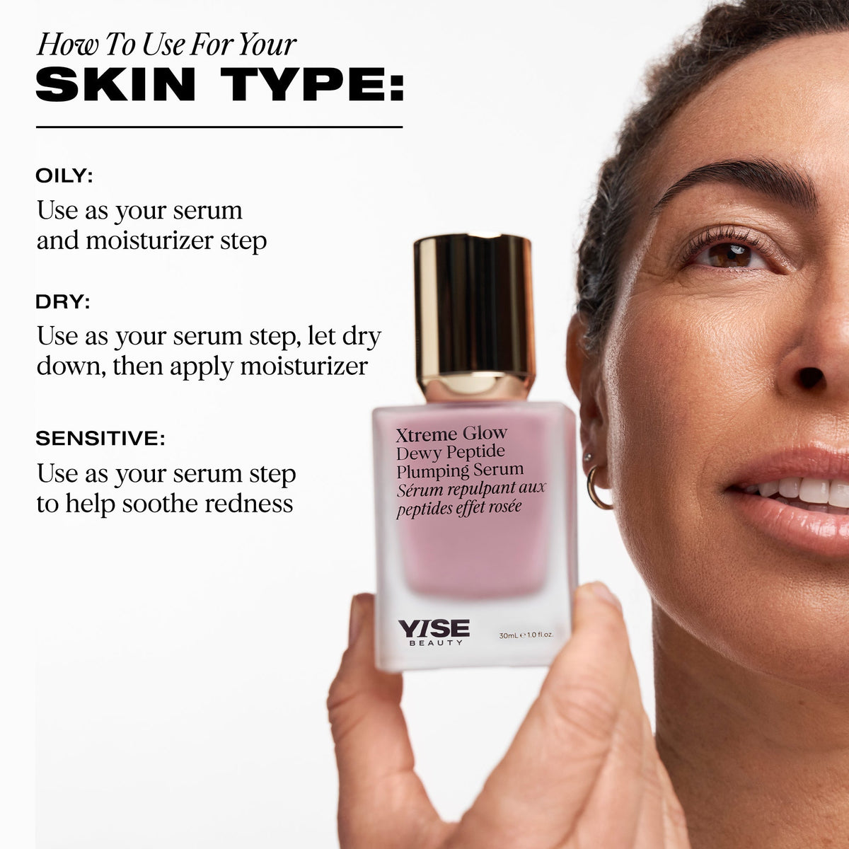 YSE Beauty Xtreme Glow Dewy Peptide Plumping Serum 30 ml, butelka z przodu i instrukcja stosowania dla różnych typów cery | Ellemania