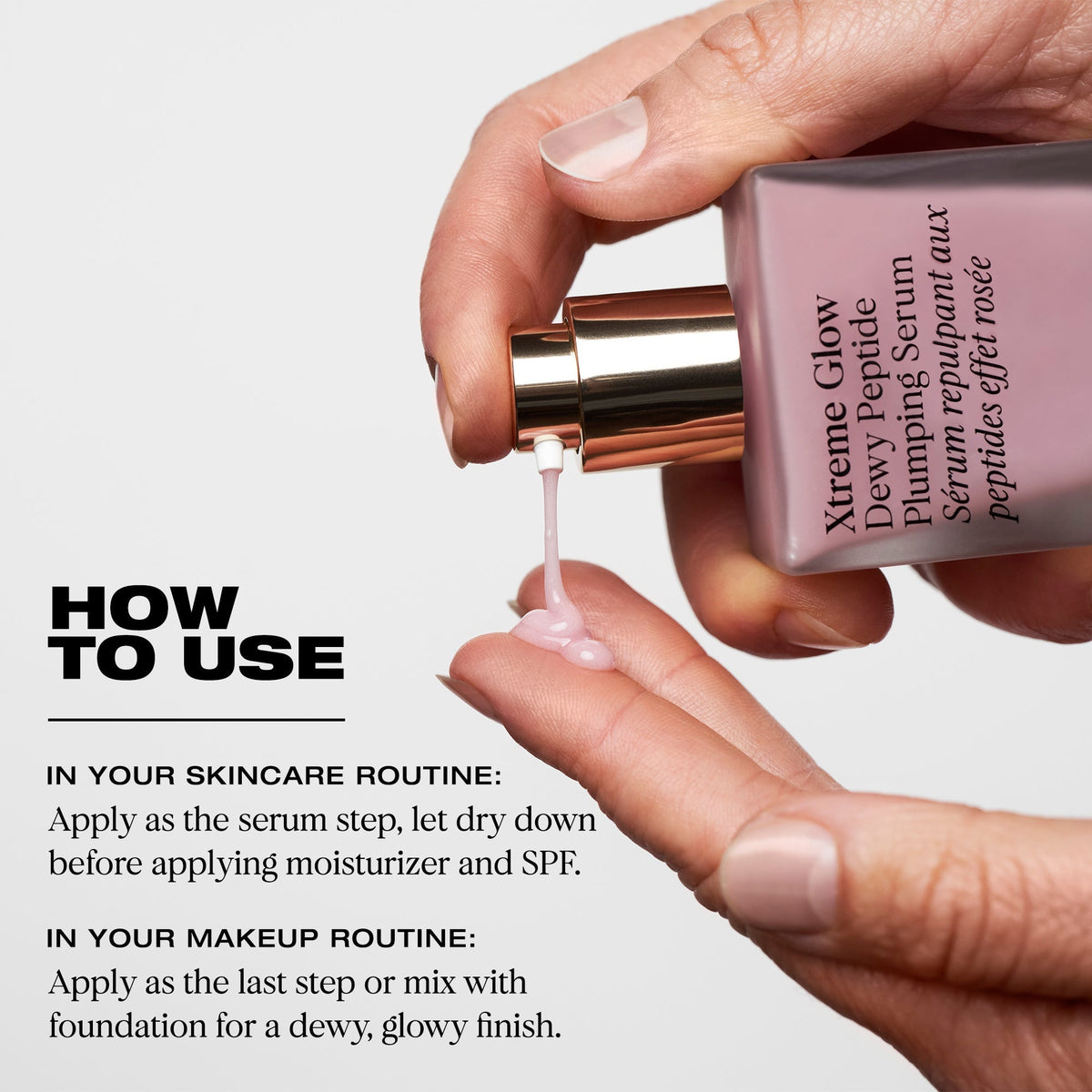 YSE Beauty Xtreme Glow Dewy Peptide Plumping Serum 30 ml, butelka z pompką i serum na palcu, infografika z instrukcją użycia | Ellemania