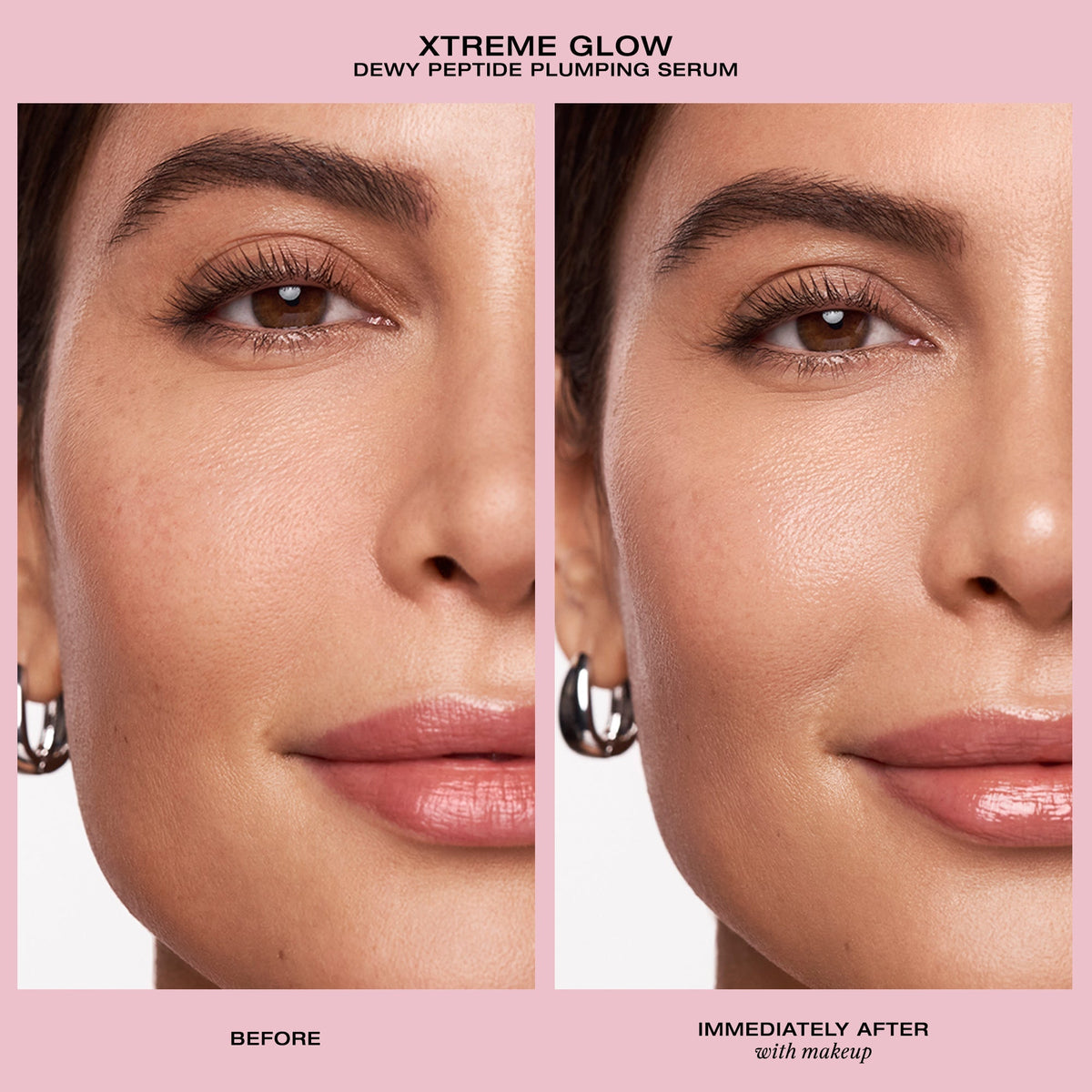 Porównanie cery przed i po użyciu rozświetlającego serum peptydowego YSE Beauty Xtreme Glow Dewy Peptide Plumping Serum