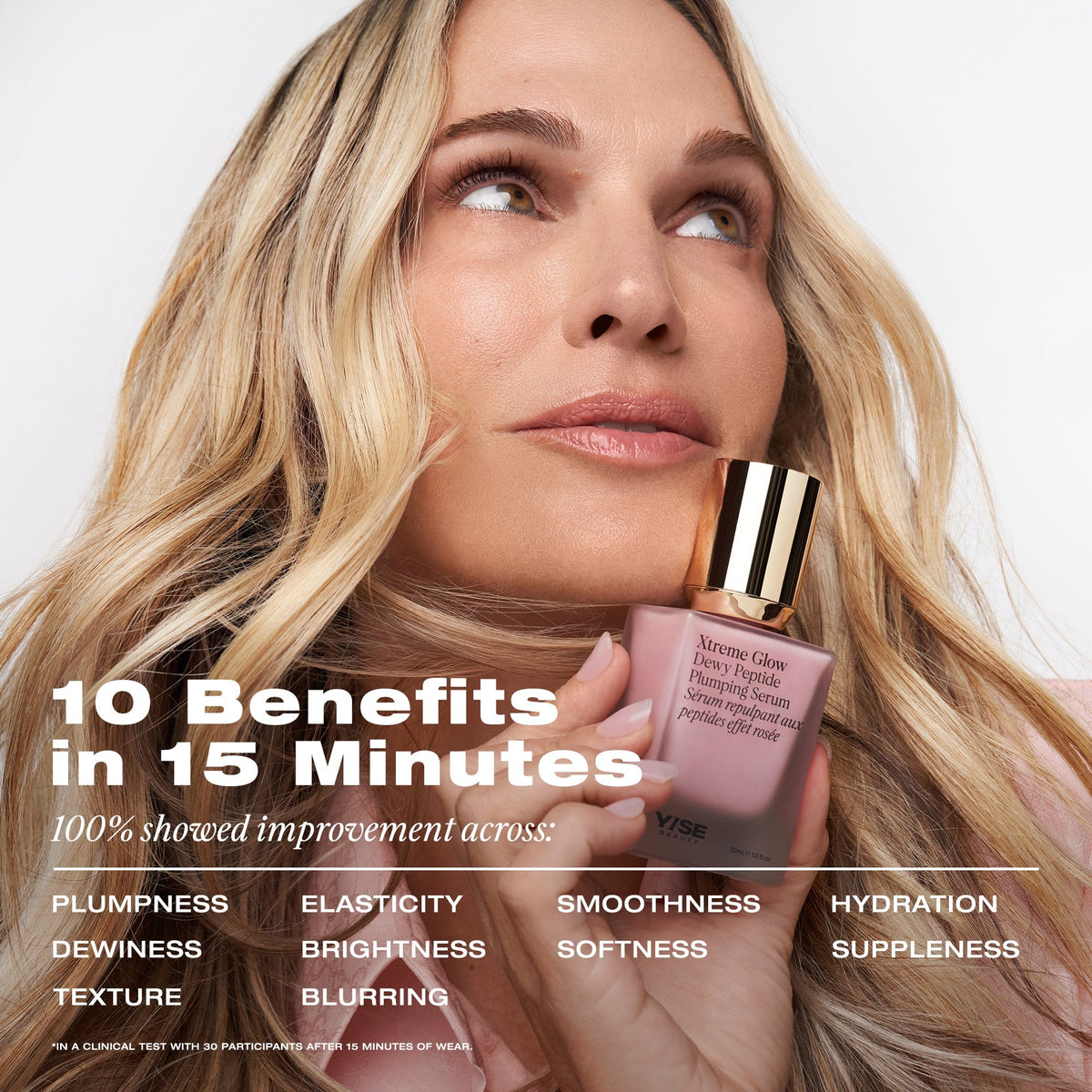 YSE Beauty Xtreme Glow Dewy Peptide Plumping Serum 30 ml, różowa butelka z złotą pompką i kobieta trzymająca produkt | Ellemania