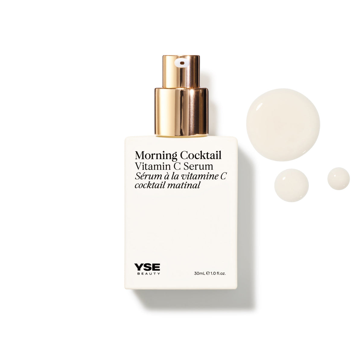 YSE Beauty Morning Cocktail Vitamin C Serum 30 ml, butelka z pompką z przodu i kremowe krople tekstury | Ellemania