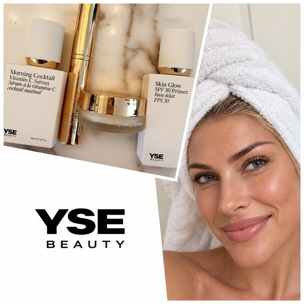YSE Beauty Morning Cocktail Vitamin C Serum 30 ml, zestaw kosmetyków z serum na marmurowym tle, kadr z kobietą w ręczniku | Ellemania
