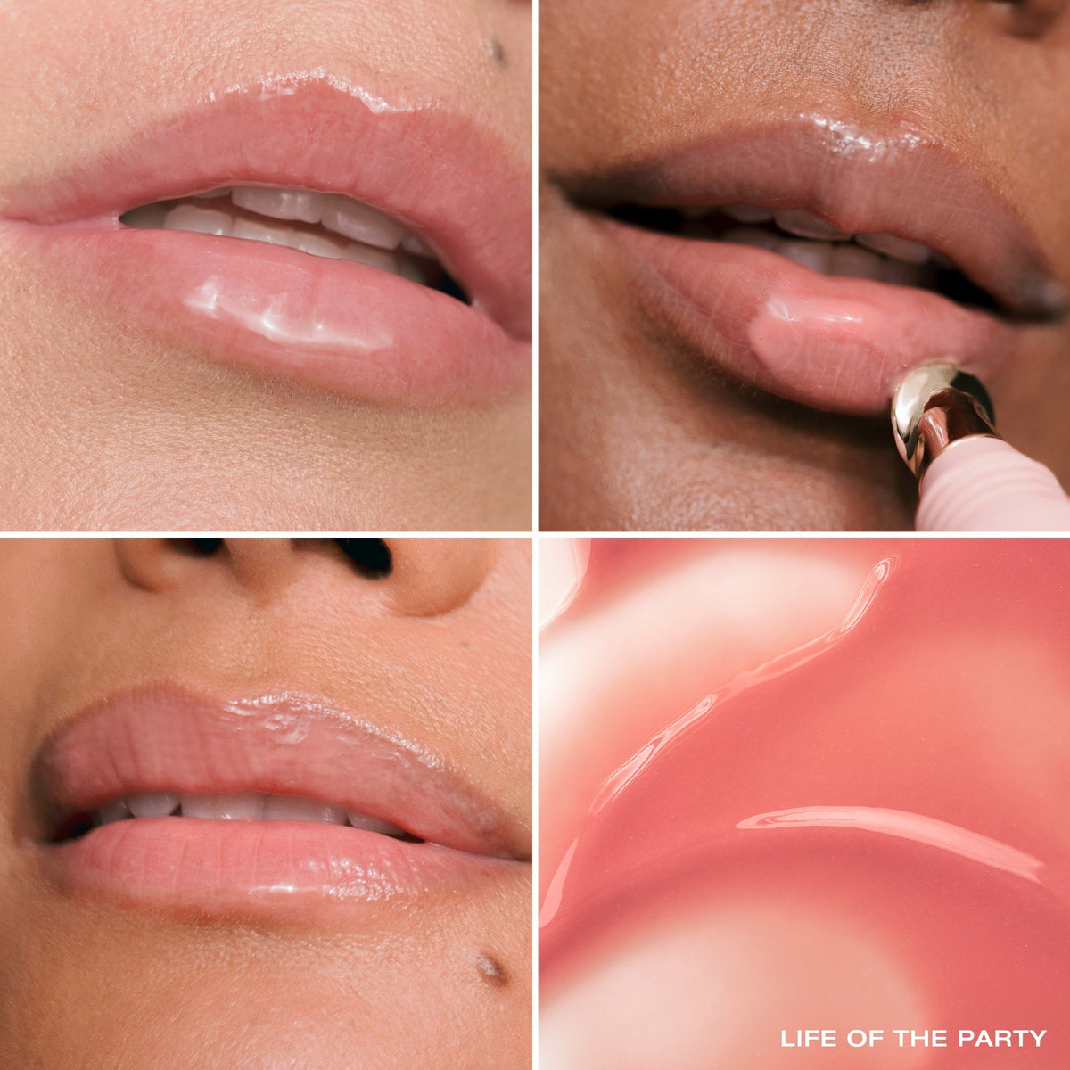 YSE Beauty Like A Gloss Hydrating Lip Tint, wariant Life of the Party, zbliżenia ust z połyskiem i aplikator z tintem | Ellemania