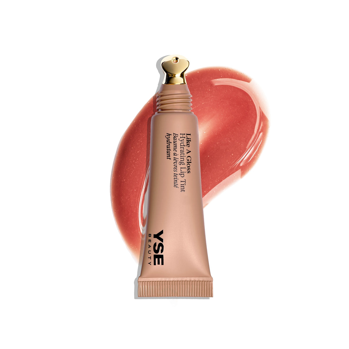 YSE Beauty Like A Gloss Hydrating Lip Tint, tuba z aplikatorem i smuga produktu w odcieniu koralowym | Ellemania