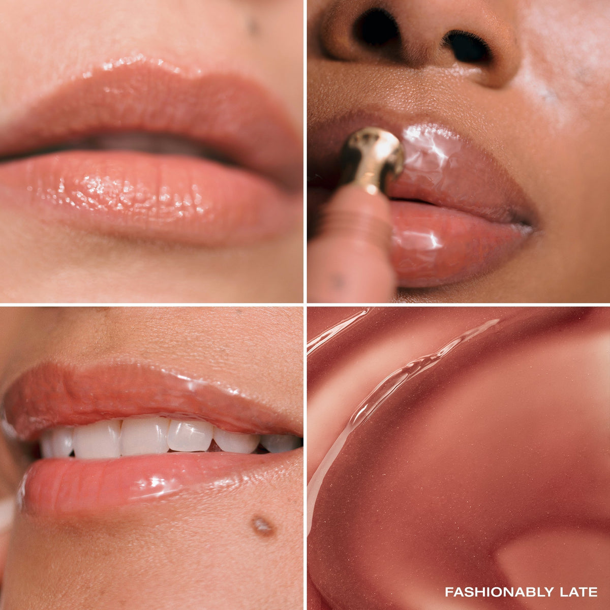YSE Beauty Like A Gloss Hydrating Lip Tint Fashionably Late, zbliżenia ust z połyskującym tintem i aplikatorem | Ellemania