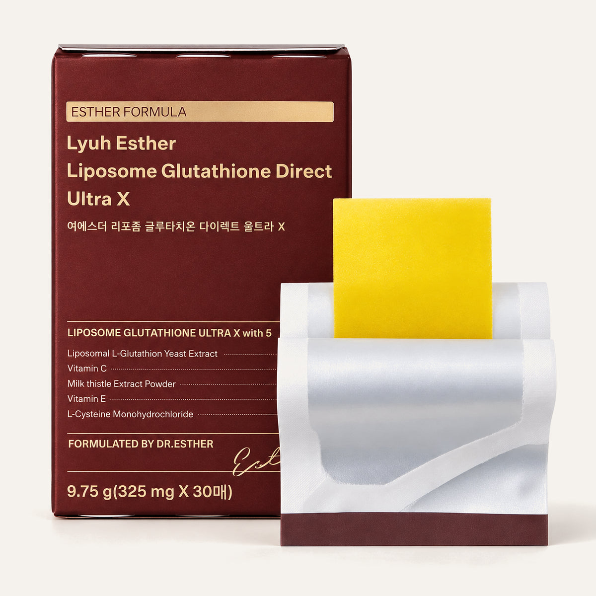 Esther Formula Liposome Glutathione Direct Ultra X 30 szt., pudełko z saszetką z żółtym listkiem obok | Ellemania