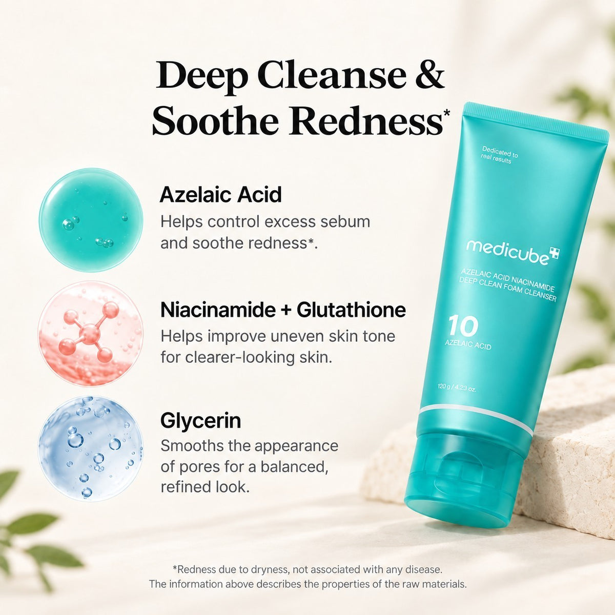 Medicube Azelaic Acid Niacinamide Deep Clean Foam Cleanser - grafika producenta ze składnikami, turkusowa tuba na kamiennym podeście | Ellemania