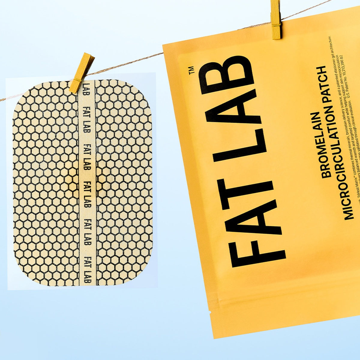 FAT LAB Bromelain Microcirculation Patch 8 szt. - żółta saszetka i plaster z sześciokątnym wzorem na sznurku | Ellemania