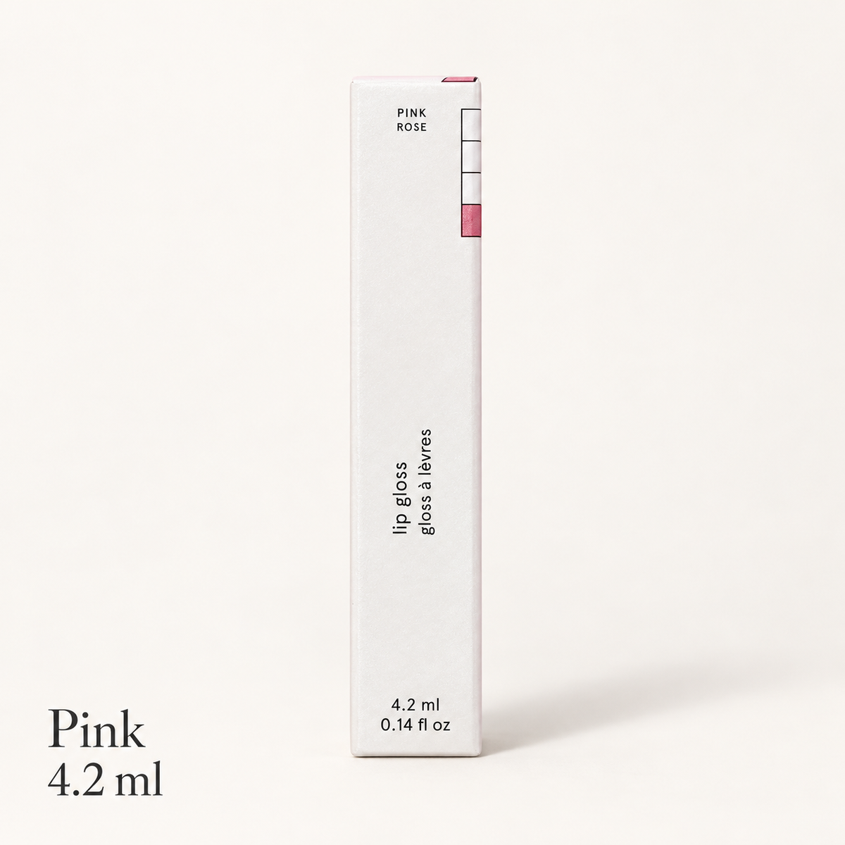 Glossier Lip Gloss Pink Rose - białe pudełko z napisem PINK ROSE u góry i oznaczeniem 4.2 ml, na jasnym tle | Ellemania