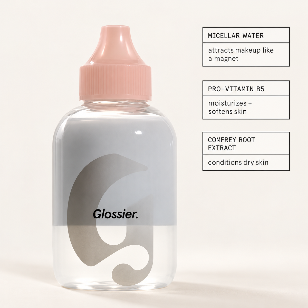 Glossier Milky Oil - przezroczysta butelka z jasnoróżowym korkiem i szarą etykietą z logo, grafika producenta z ramkami z nazwami składników, beżowe tło | Ellemania