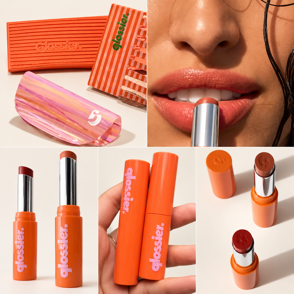 Glossier Limited Edition Ultralip - kolaż: pomarańczowe opakowania z różowym napisem glossier, otwarte pomadki w kilku odcieniach i usta z nałożoną pomadką | Ellemania