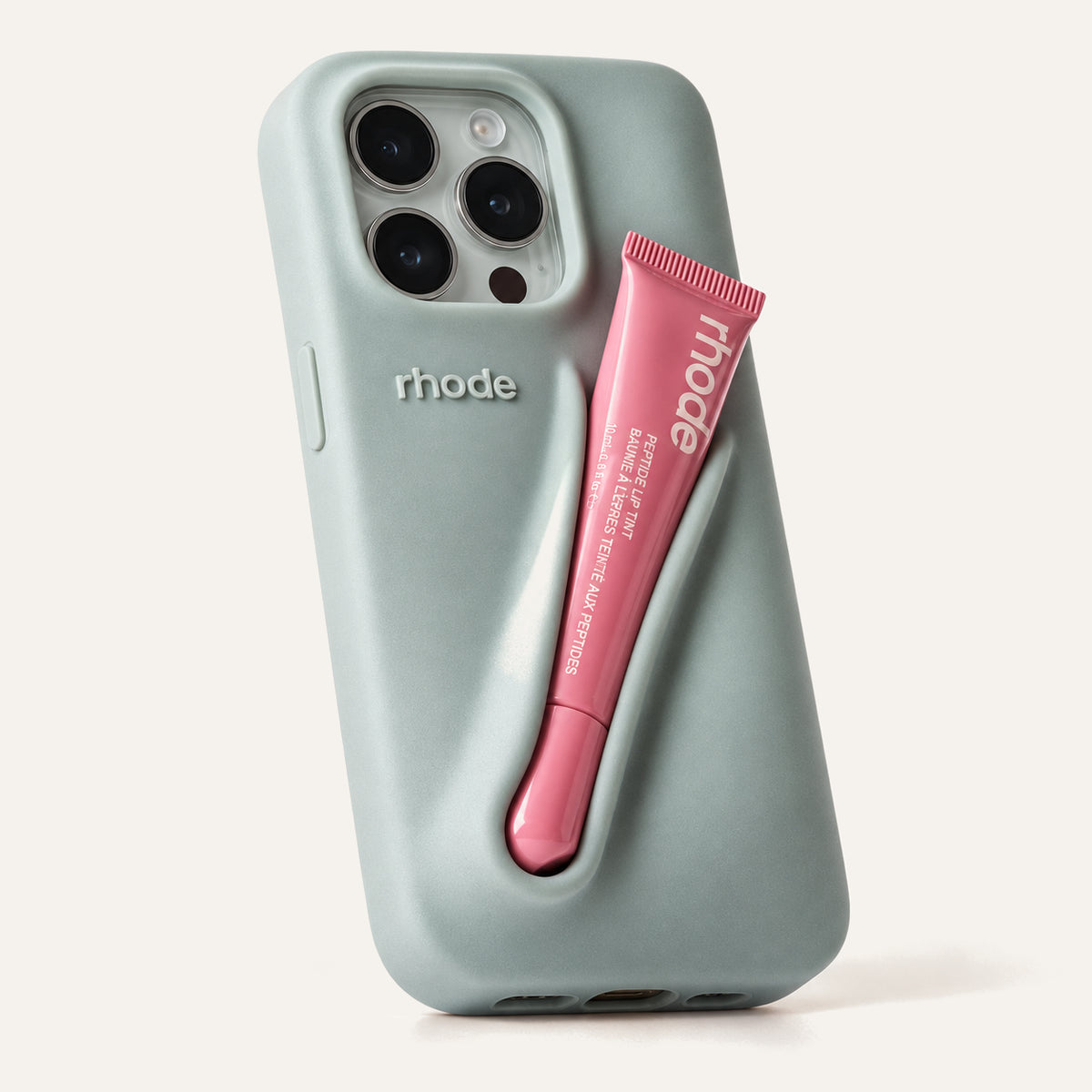 Rhode Lip Case etui na iPhone z uchwytem na błyszczyk, szare etui z różowym błyszczykiem w uchwycie | Ellemania