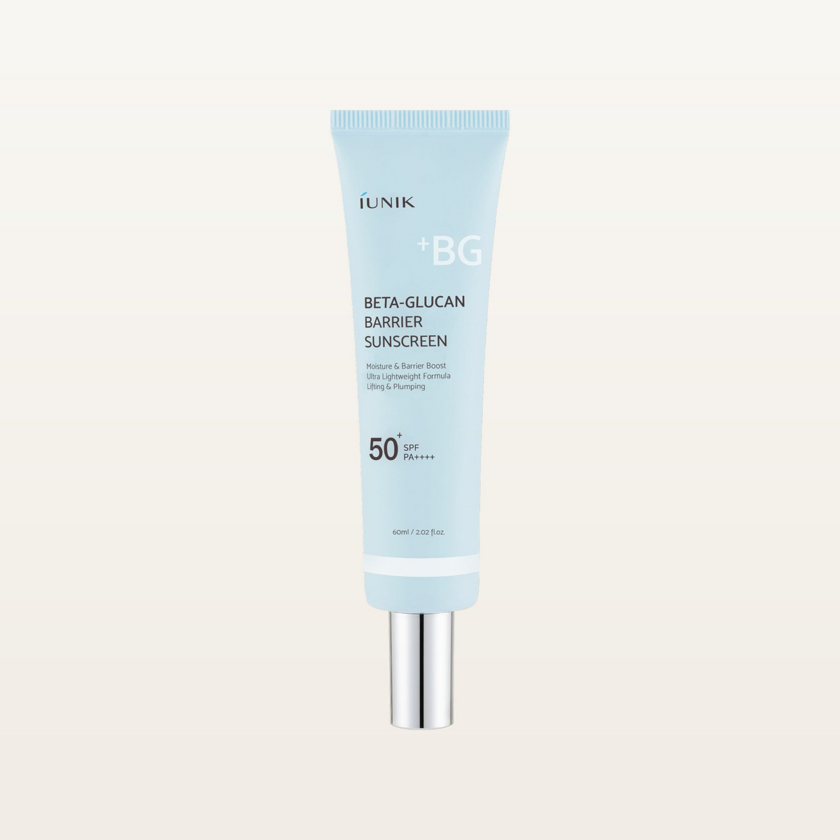 IUNIK Beta-Glucan Barrier Sunscreen - tubka 60 ml z metalową końcówką, widok z przodu na jasnym tle | Ellemania