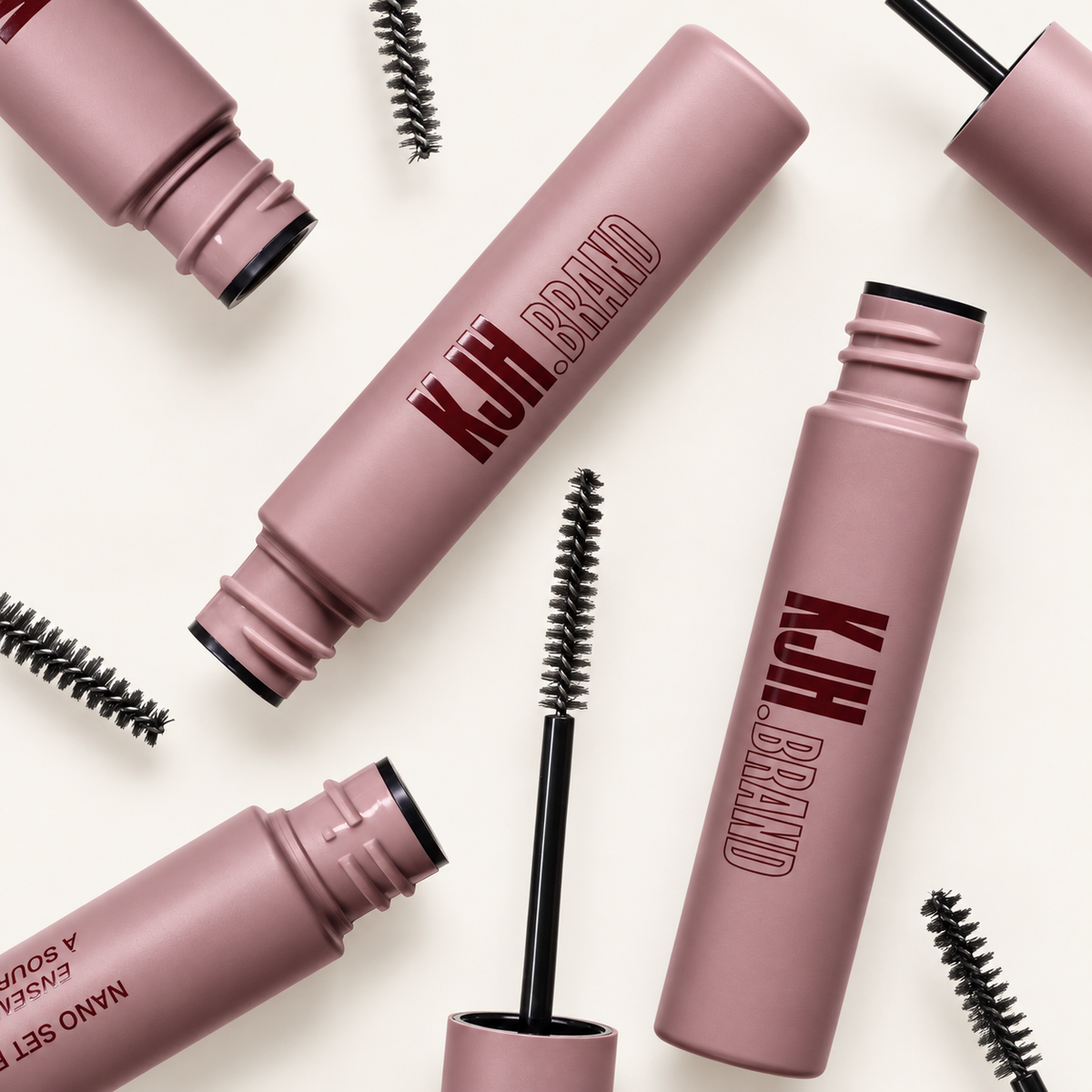 KJH.brand Nano Set Brow Gel Clear - kilka pudroworóżowych tubek i szczoteczek ułożonych na jasnym tle | Ellemania