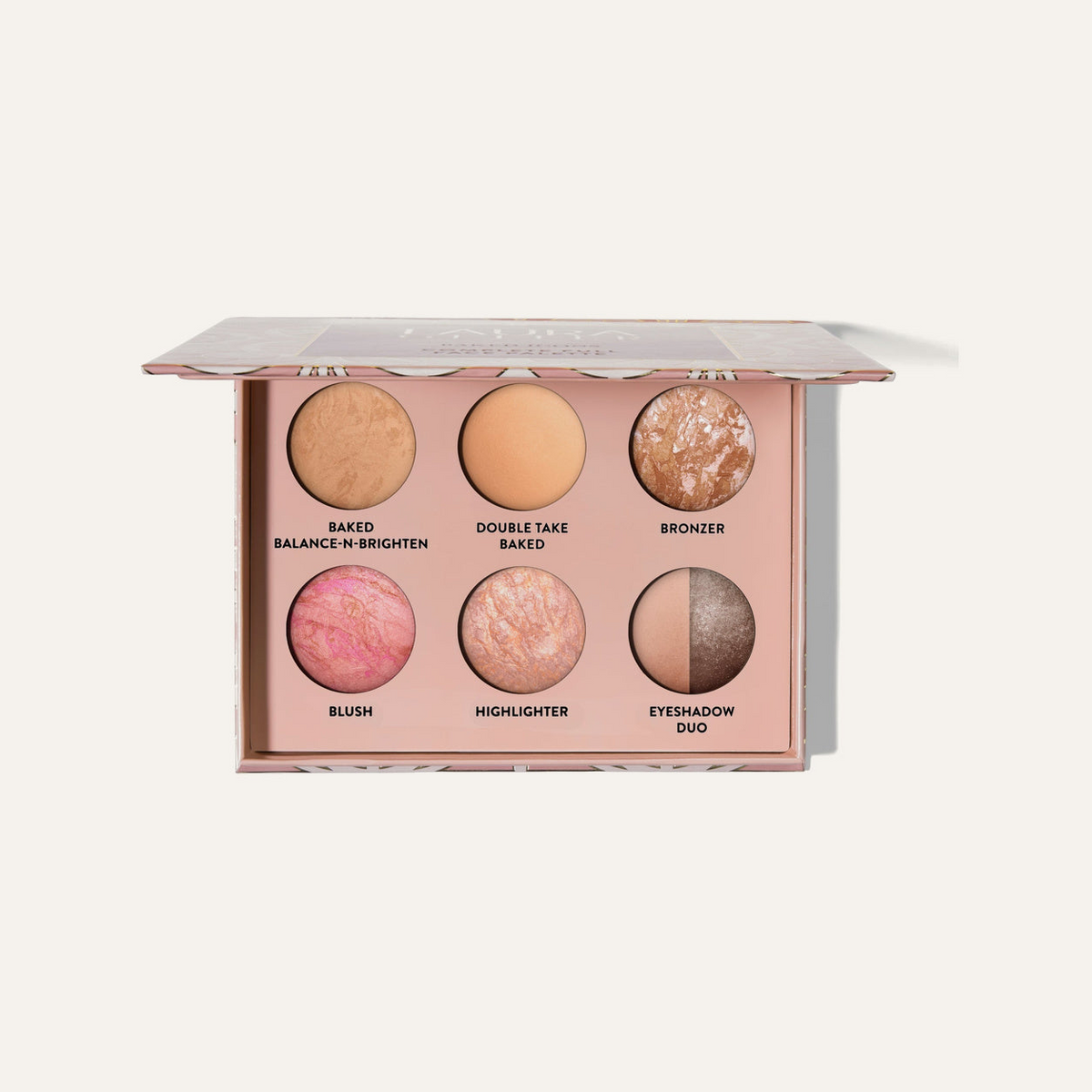 Laura Geller Baked Icons Complete Full Face Palette Golden Medium - otwarta paleta z sześcioma wypiekanymi produktami do twarzy i oczu | Ellemania