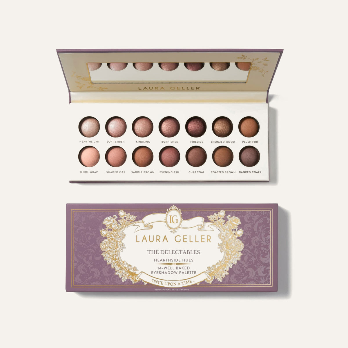 Laura Geller The Delectables Hearthside Hues - otwarta paleta z 14 pieczonymi cieniami i lustrem oraz fioletowe opakowanie | Ellemania