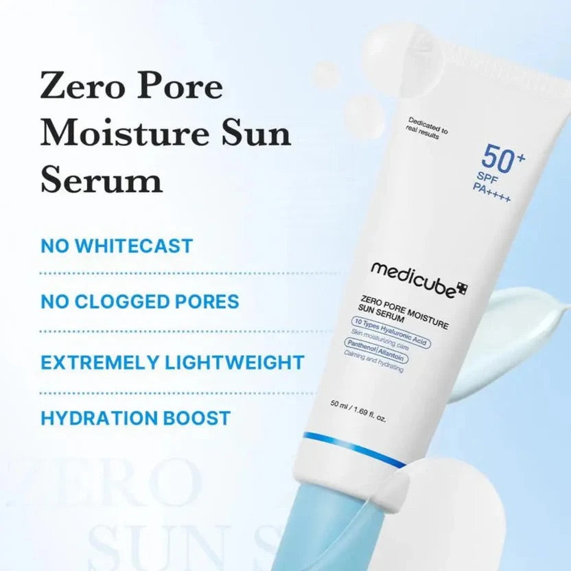 Medicube Zero Pore Moisture Sun Serum SPF 50+ PA++++ - lekkie nawilżające serum przeciwsłoneczne z 10 rodzajami kwasu hialuronowego 50 ml