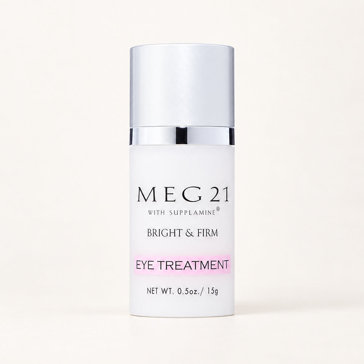 Meg 21 Bright & Firm Eye Treatment 15 g - biała butelka z pompką i srebrną nakrętką z przodu | Ellemania