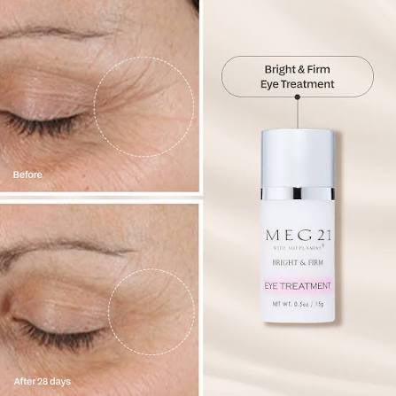 Meg 21 Bright & Firm Eye Treatment 15 g - kolaż: zbliżenia okolicy oka i butelka kremu | Ellemania