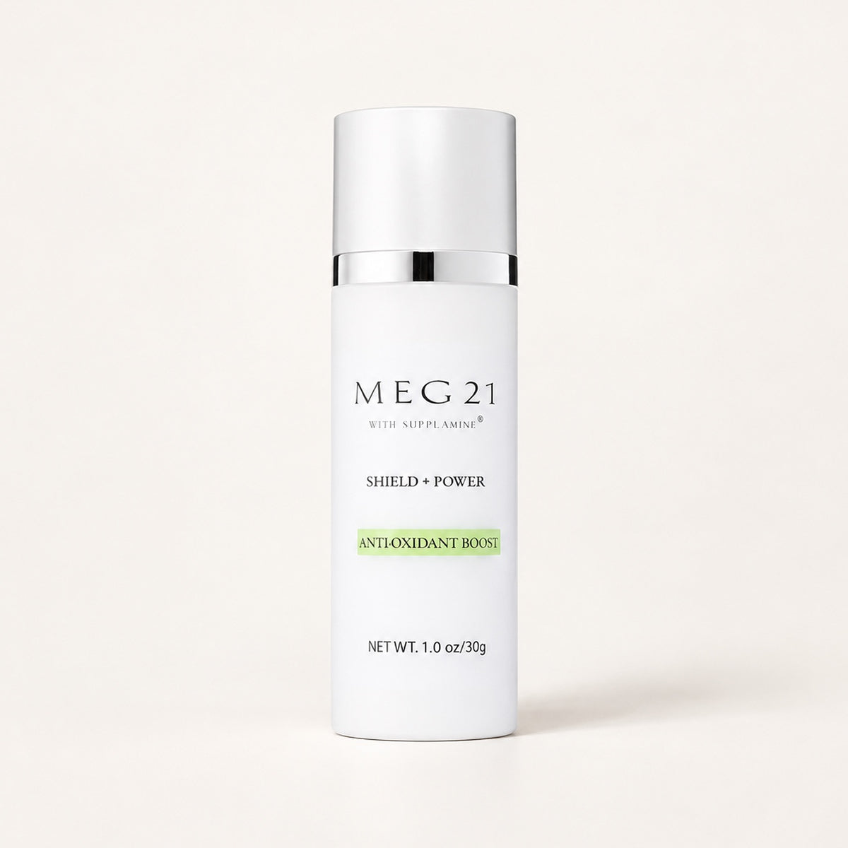 Meg 21 Face Treatment Antioxidant Boost Serum 30 g - biała butelka z pompką i srebrną nakrętką z przodu | Ellemania