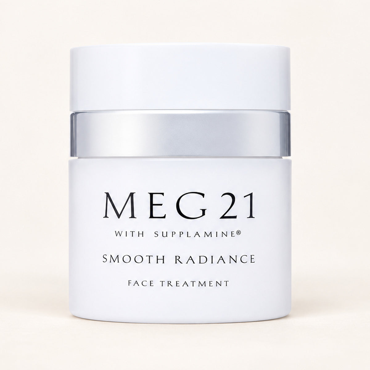 Meg 21 Supplamine Smooth Radiance Face Treatment 50 g - biały słoik z srebrną obręczą z przodu | Ellemania