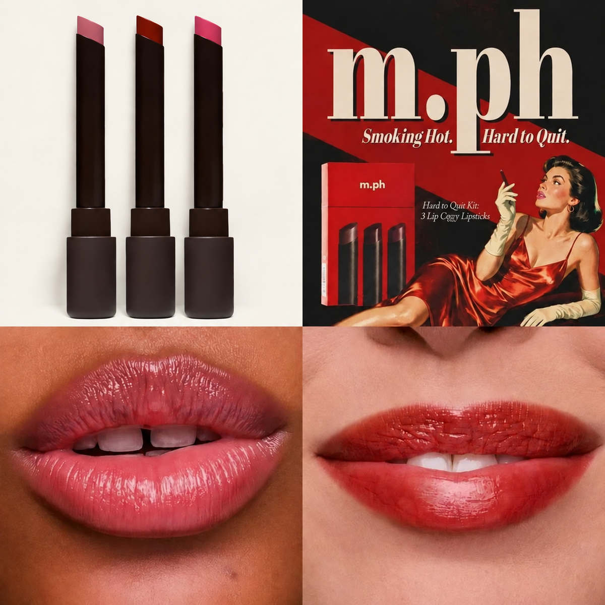m.ph by Mary Phillips Hard to Quit Kit - kolaż z trzema sztyftami pomadek, plakatem w stylu retro i zbliżeniami ust z pomadką | Ellemania
