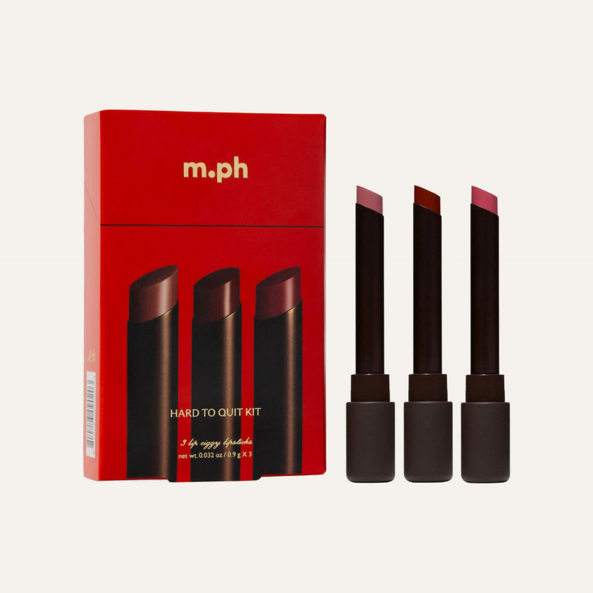 m.ph by Mary Phillips Hard to Quit Kit - czerwone opakowanie zestawu i trzy pomadki Lip Ciggy w smukłych ciemnych sztyftach | Ellemania