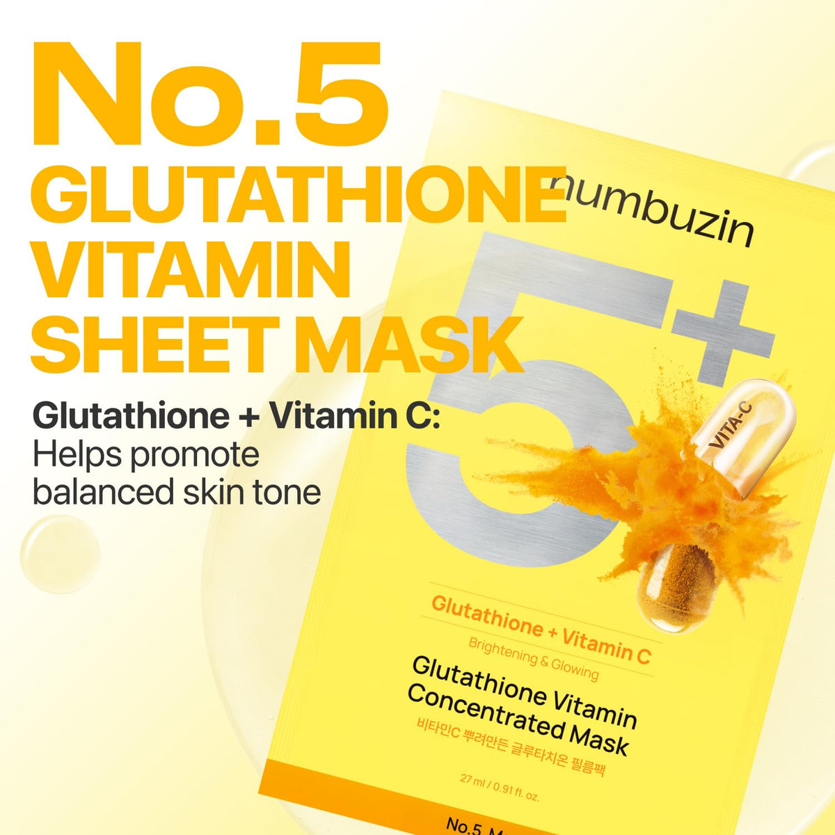 numbuzin No.5+ Glutathione Vitamin Concentrated Mask - saszetka maski w płachcie 27 ml | Ellemania