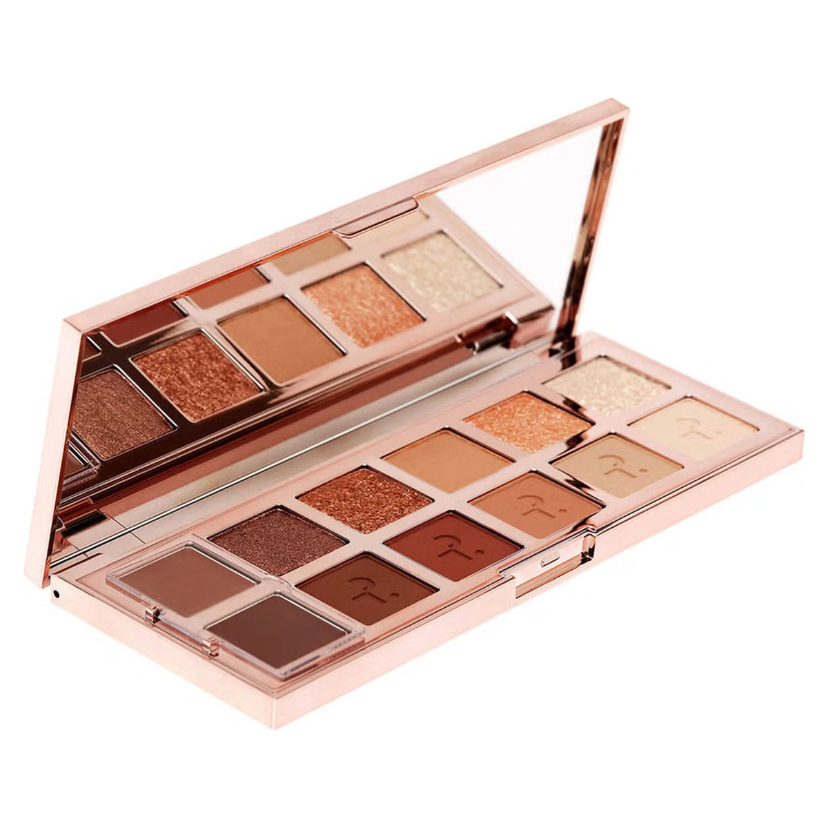 Patrick Ta Major Dimension Eyeshadow Palette - otwarta paleta 12 cieni z lusterkiem w różowozłotej obudowie | Ellemania
