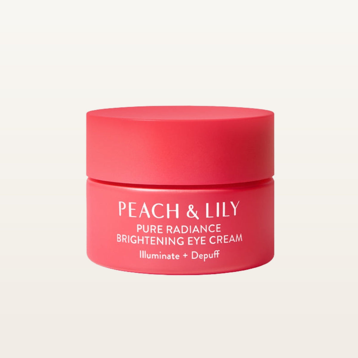 Peach & Lily Pure Radiance Brightening Eye Cream 15 ml - przód słoiczka na kremowym tle | Ellemania